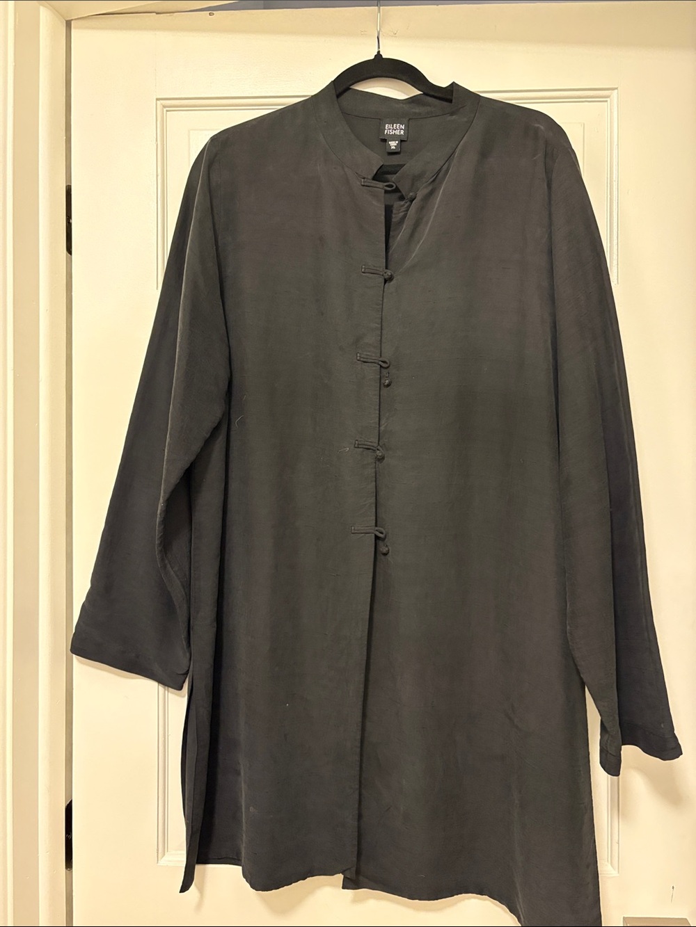 Eileen Fisher Silk Charcoal Mandarin-Collar Long Tunic